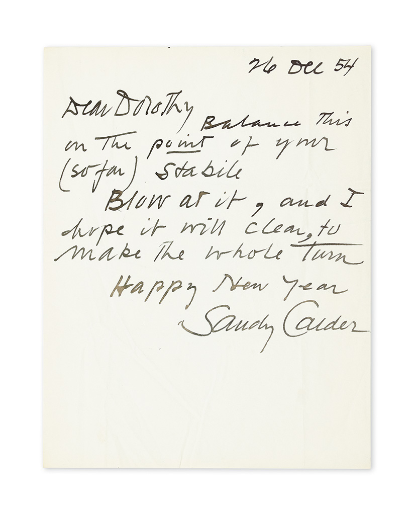 CALDER, ALEXANDER. Three items, each Signed Sandy or in full, to MoMA registrar Dorothy Dudley: Two Autograph Letters * Autograph Not